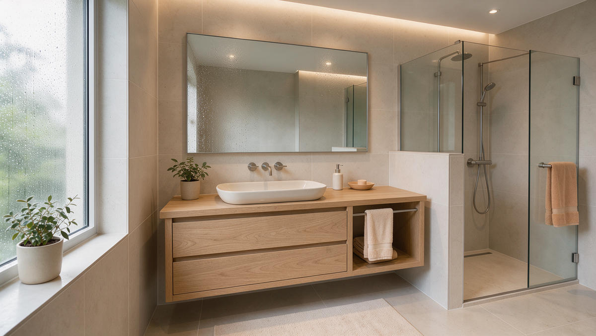 KI-generierte Wohninspiration: Modernes Badezimmer mit beleuchtetem Wandspiegel über einem schlichten Waschtisch.