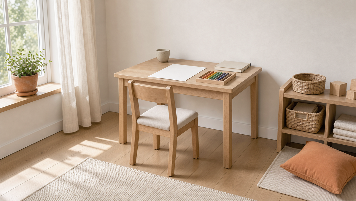 KI-generierte Wohninspiration: Ein heller Malplatz im Kinderzimmer mit kleinem Holzschreibtisch, kindgerechtem Stuhl und aufgeräumten Bastelsachen.