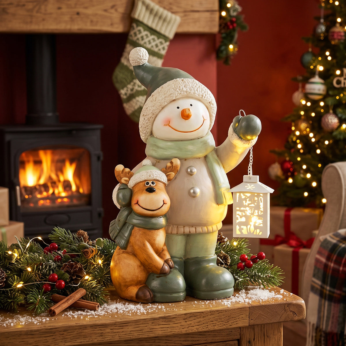 Weihnachtsfigur Schneemann mit LED-Laterne und Timer