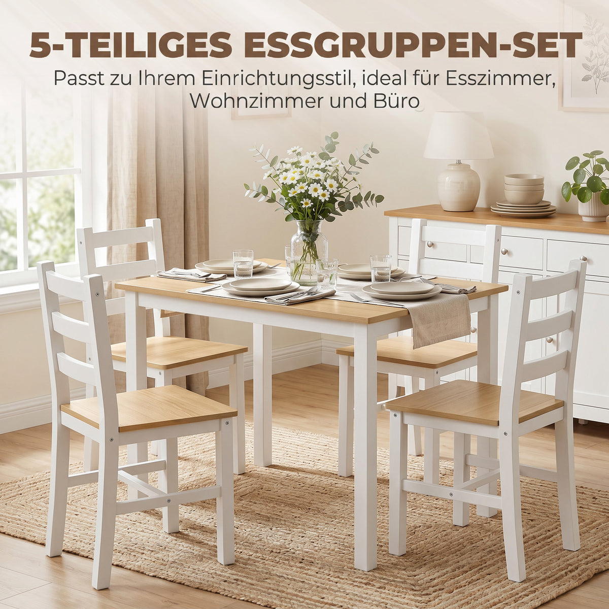 5-teilige Essgruppe aus Kiefernholz mit 4 Stühlen