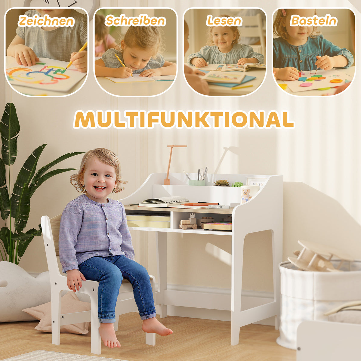 Kinderschreibtisch-Set mit Stuhl und Stauraum