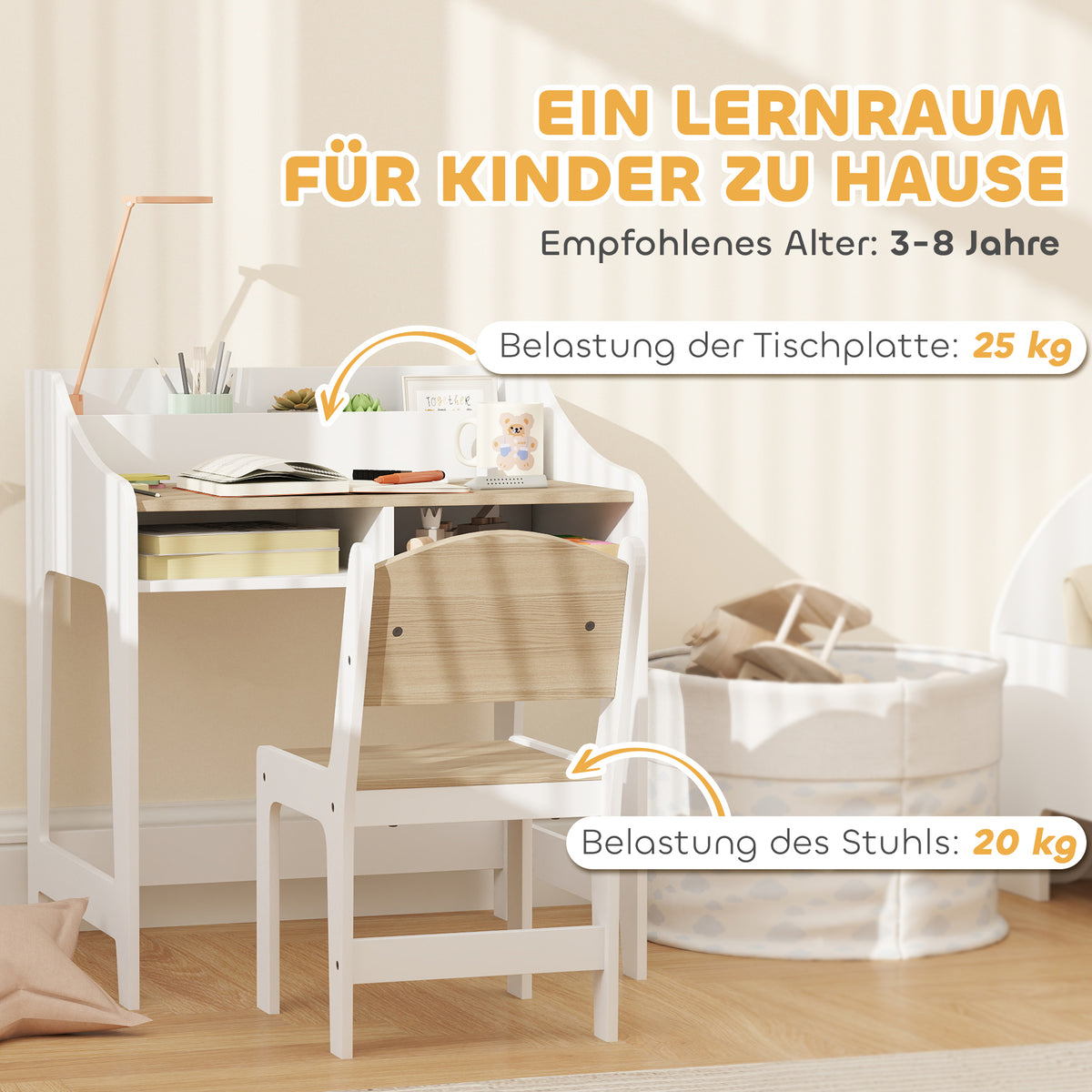 Kinderschreibtisch-Set mit Stuhl und Stauraum
