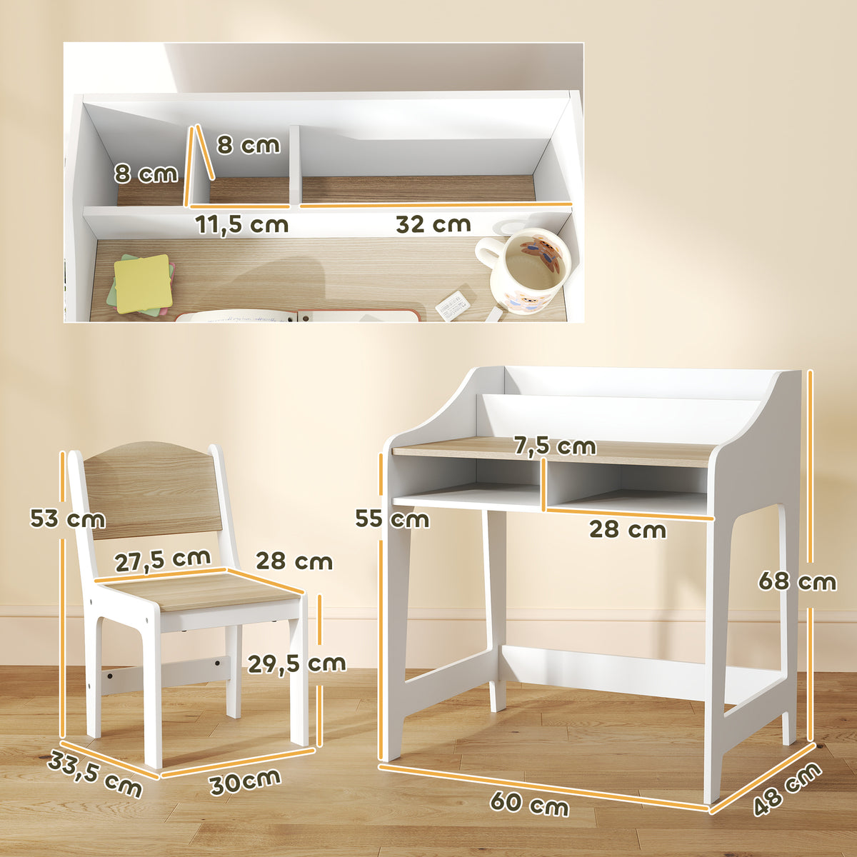 Kinderschreibtisch-Set mit Stuhl und Stauraum