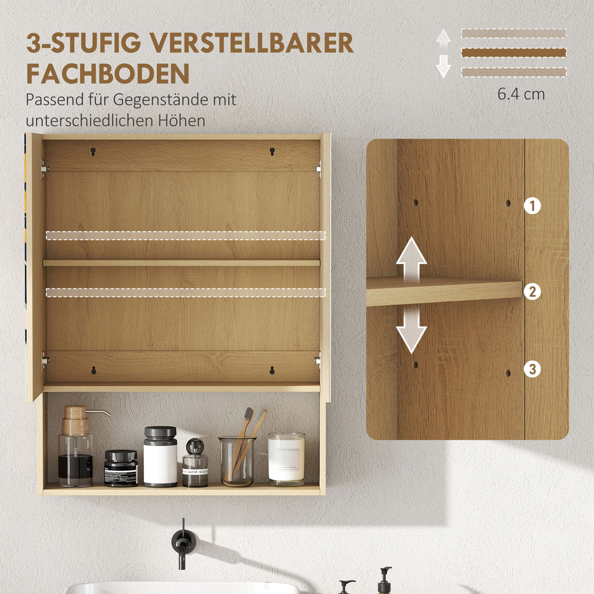 Badezimmerspiegelschrank in Eichenoptik mit offenem Regal