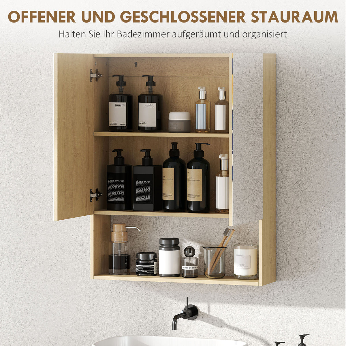 Badezimmerspiegelschrank in Eichenoptik mit offenem Regal