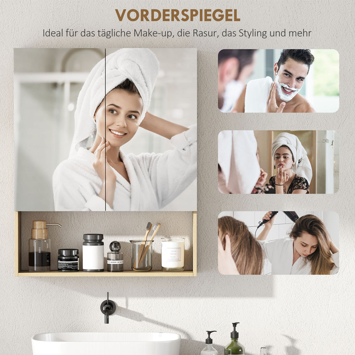 Badezimmerspiegelschrank in Eichenoptik mit offenem Regal
