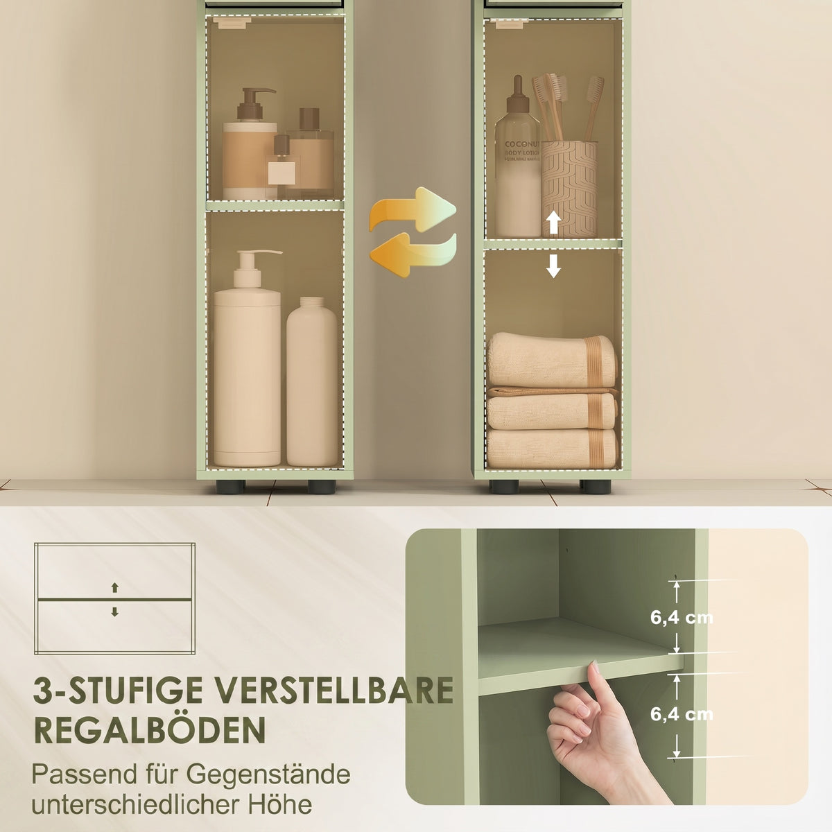 Schmaler Badezimmerschrank mit Schublade und 4 offenen Fächern