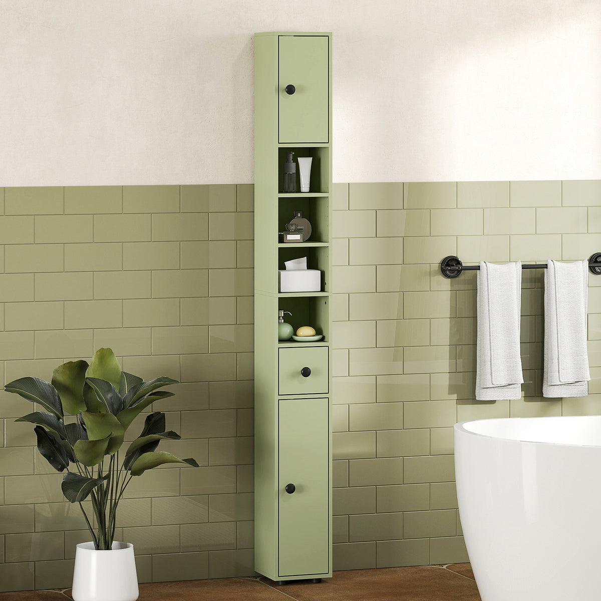 Schmaler Badezimmerschrank mit Schublade und 4 offenen Fächern