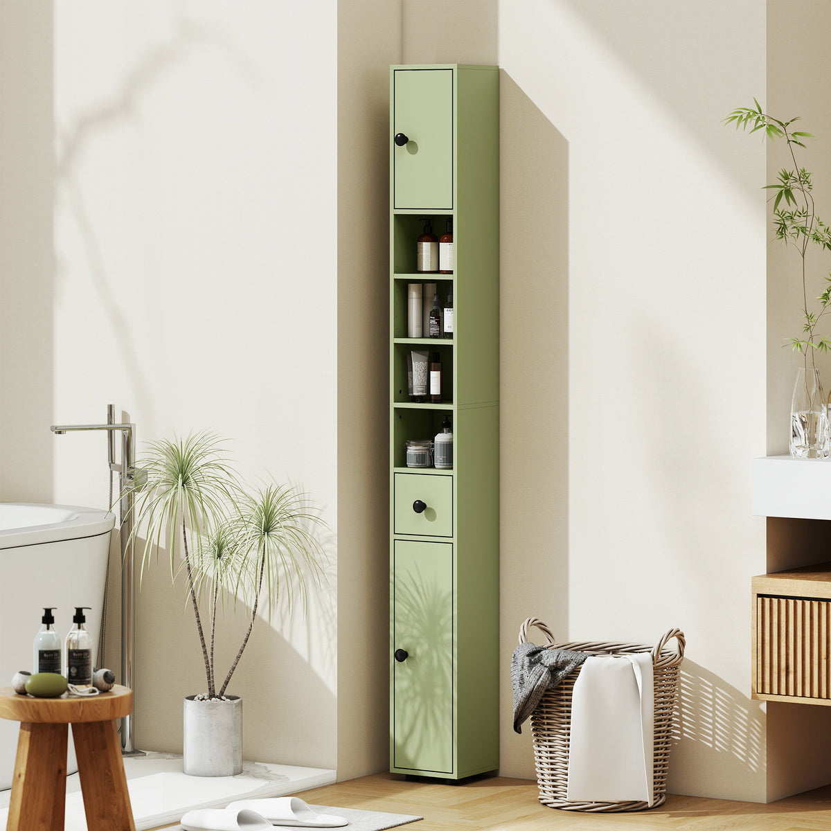 Schmaler Badezimmerschrank mit Schublade und 4 offenen Fächern