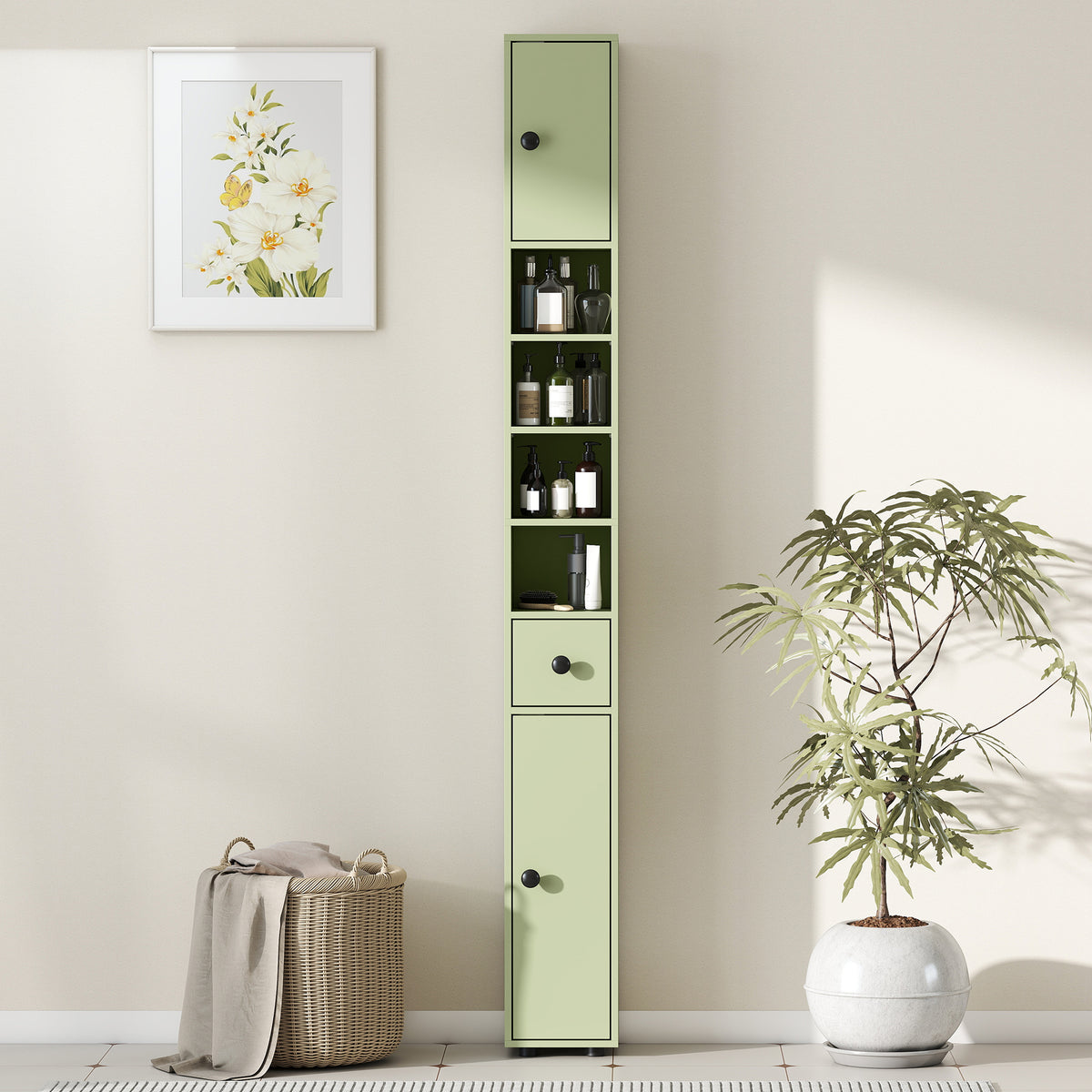 Schmaler Badezimmerschrank mit Schublade und 4 offenen Fächern