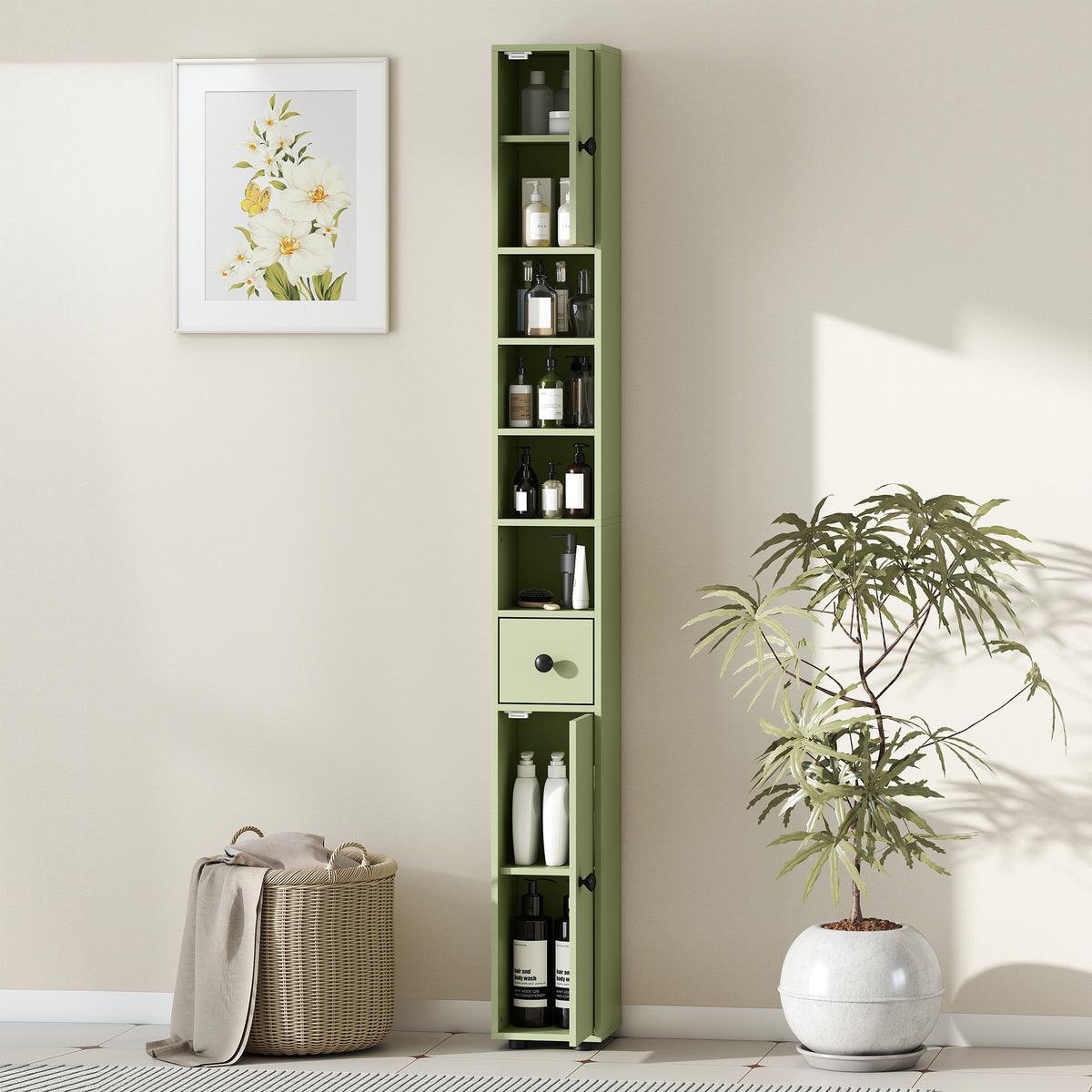 Schmaler Badezimmerschrank mit Schublade und 4 offenen Fächern