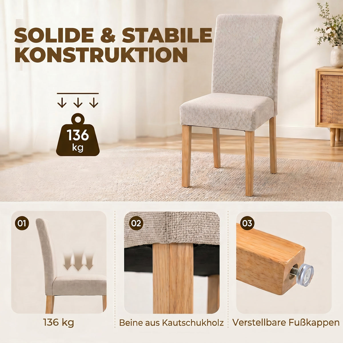 Gepolsterte Esszimmerstühle im 2er-Set aus Kautschukholz