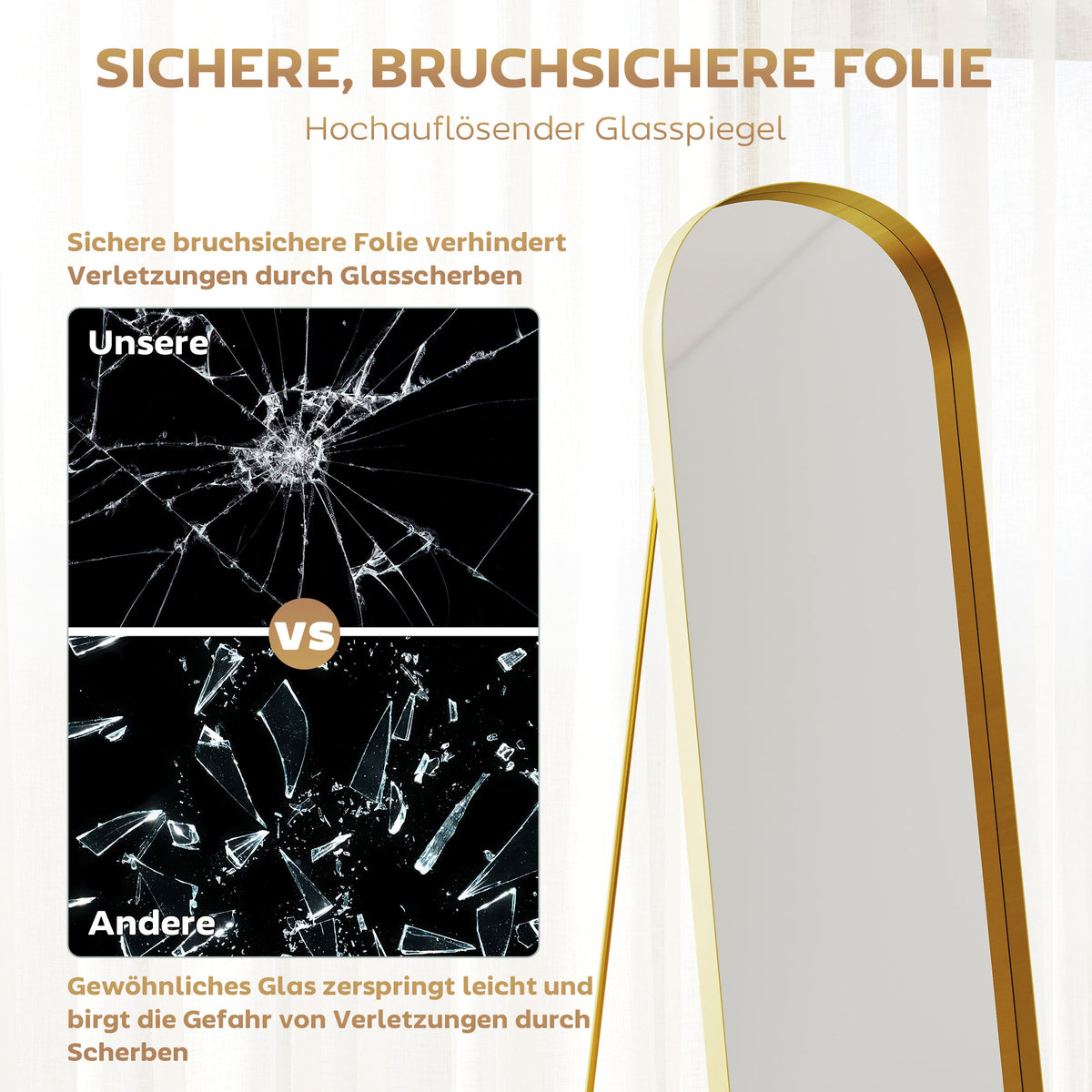 Ganzkörperspiegel mit goldfarbenem Bogenrahmen