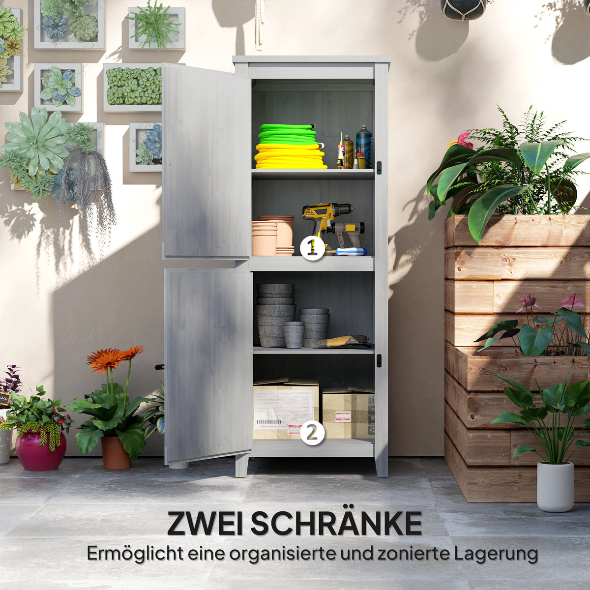 Gartenschrank aus Tannenholz mit zwei Regalböden