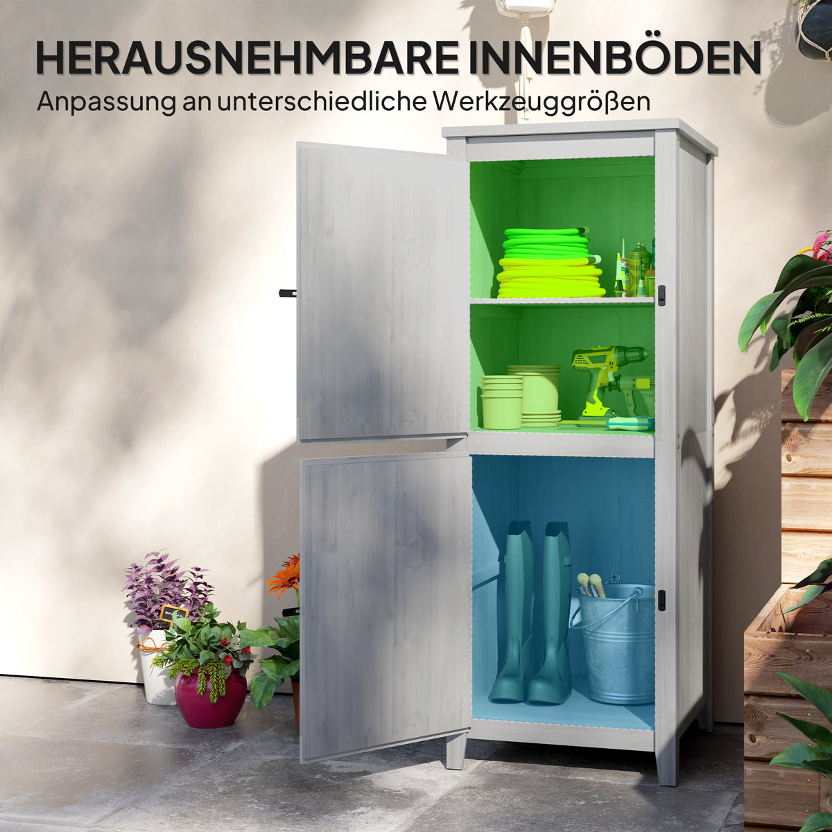 Gartenschrank aus Tannenholz mit zwei Regalböden