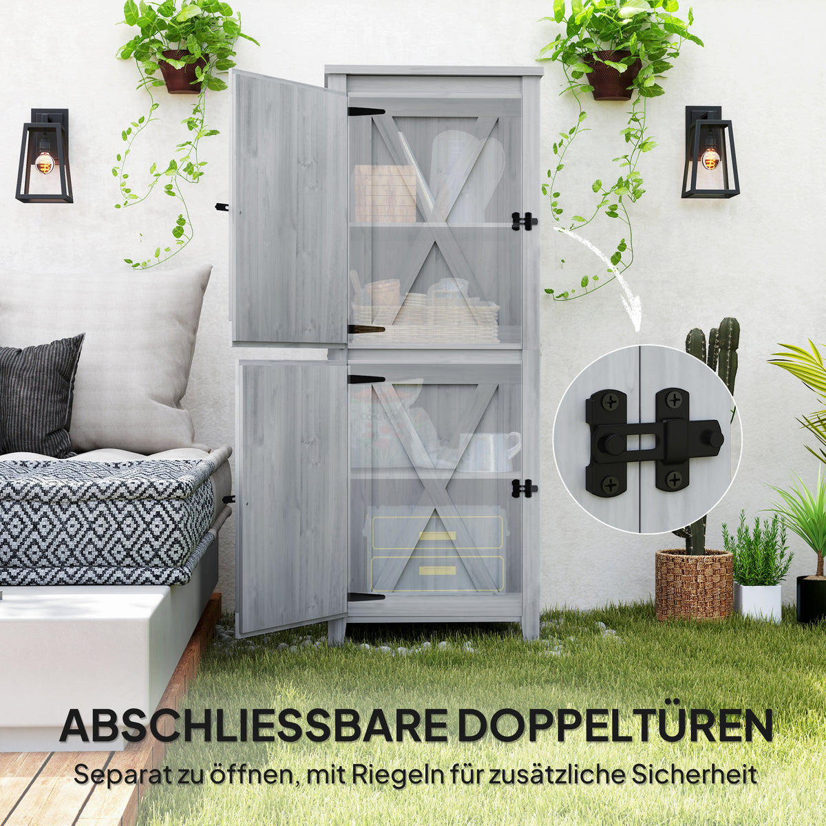 Gartenschrank aus Tannenholz mit zwei Regalböden