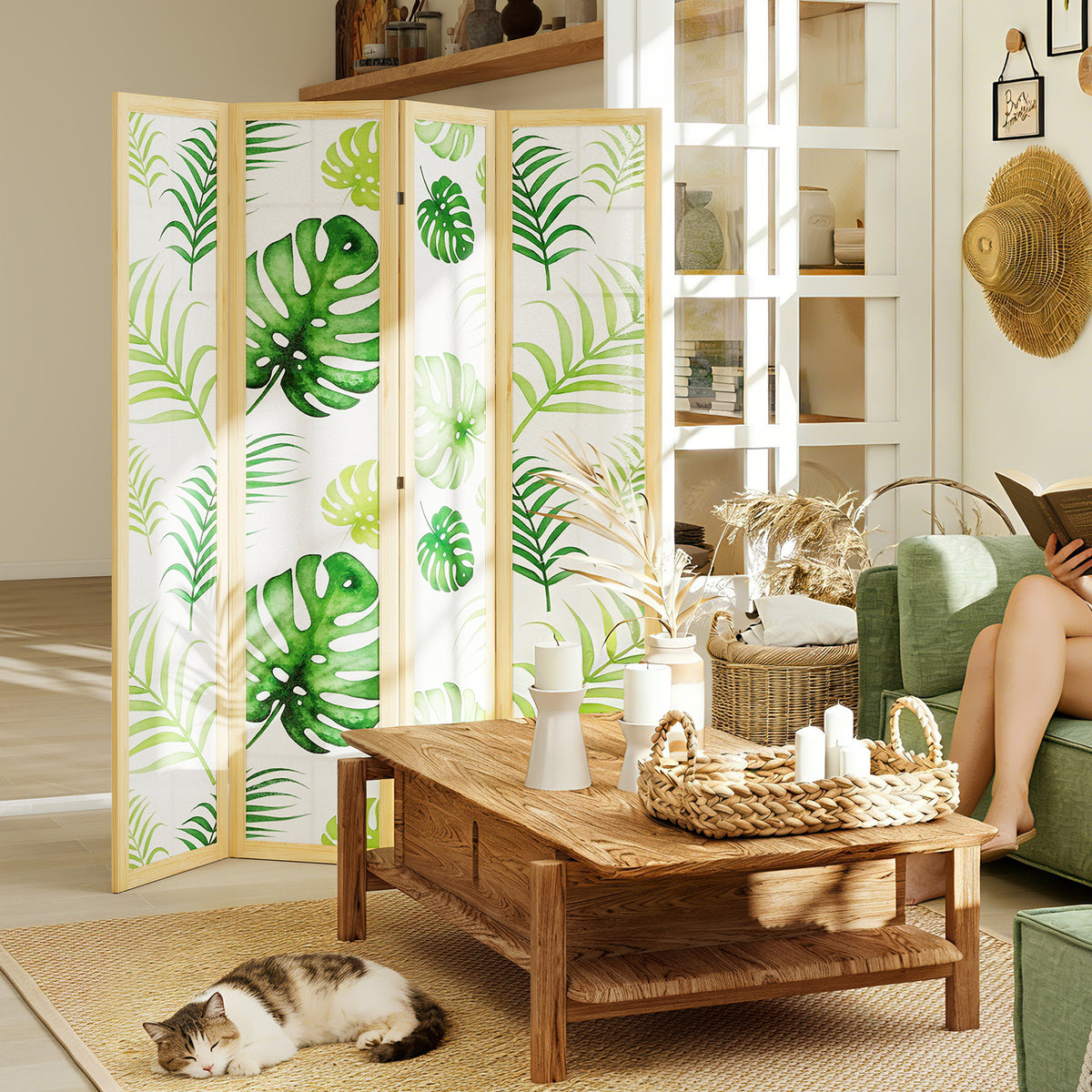 Vierflügeliger Raumteiler mit Boho-Palmenmotiv