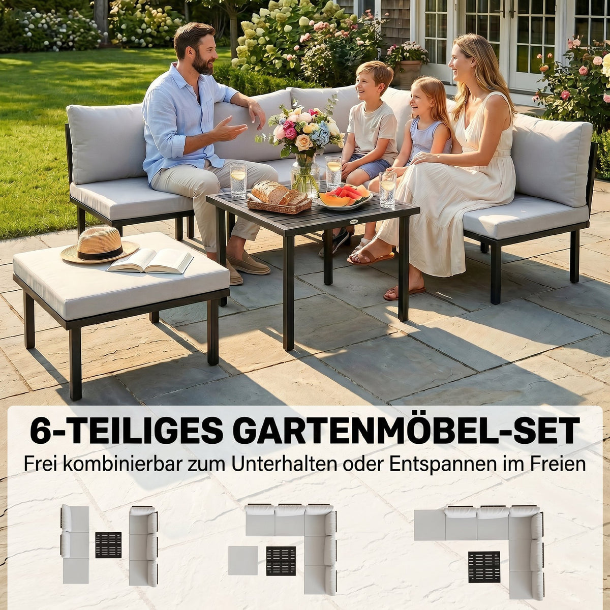 Sechsteiliges Gartenlounge-Set mit Metallrahmen