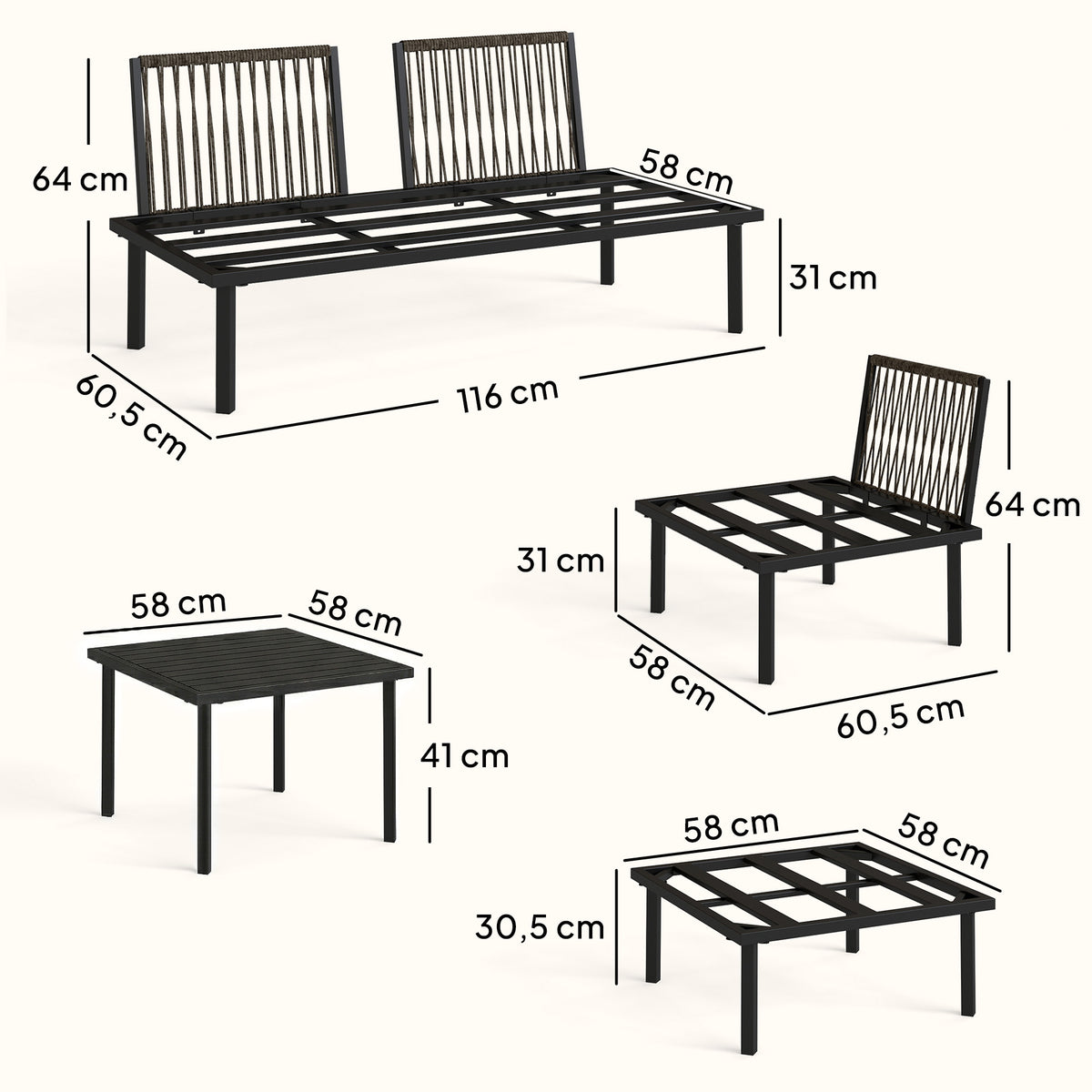 Sechsteiliges Gartenlounge-Set mit Metallrahmen