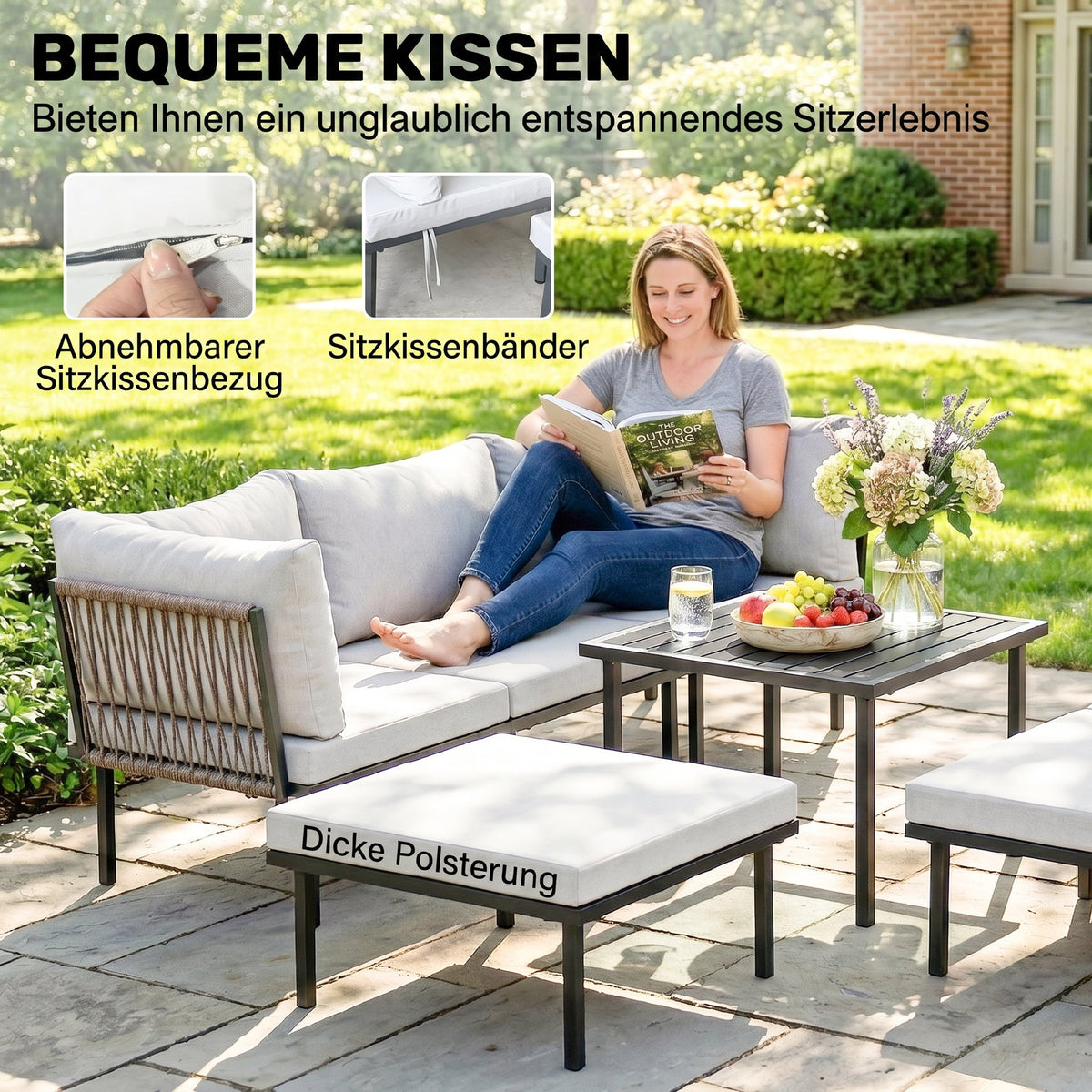 Sechsteiliges Gartenlounge-Set mit Metallrahmen