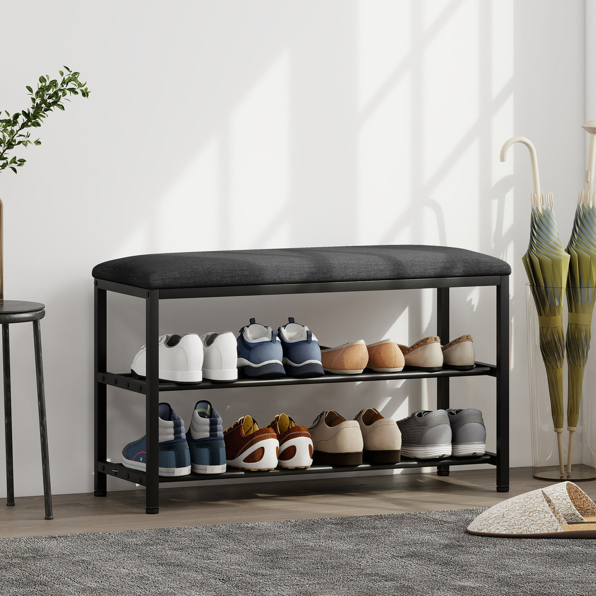 Schuhbank mit Sitzpolster und zwei Schuhablagen