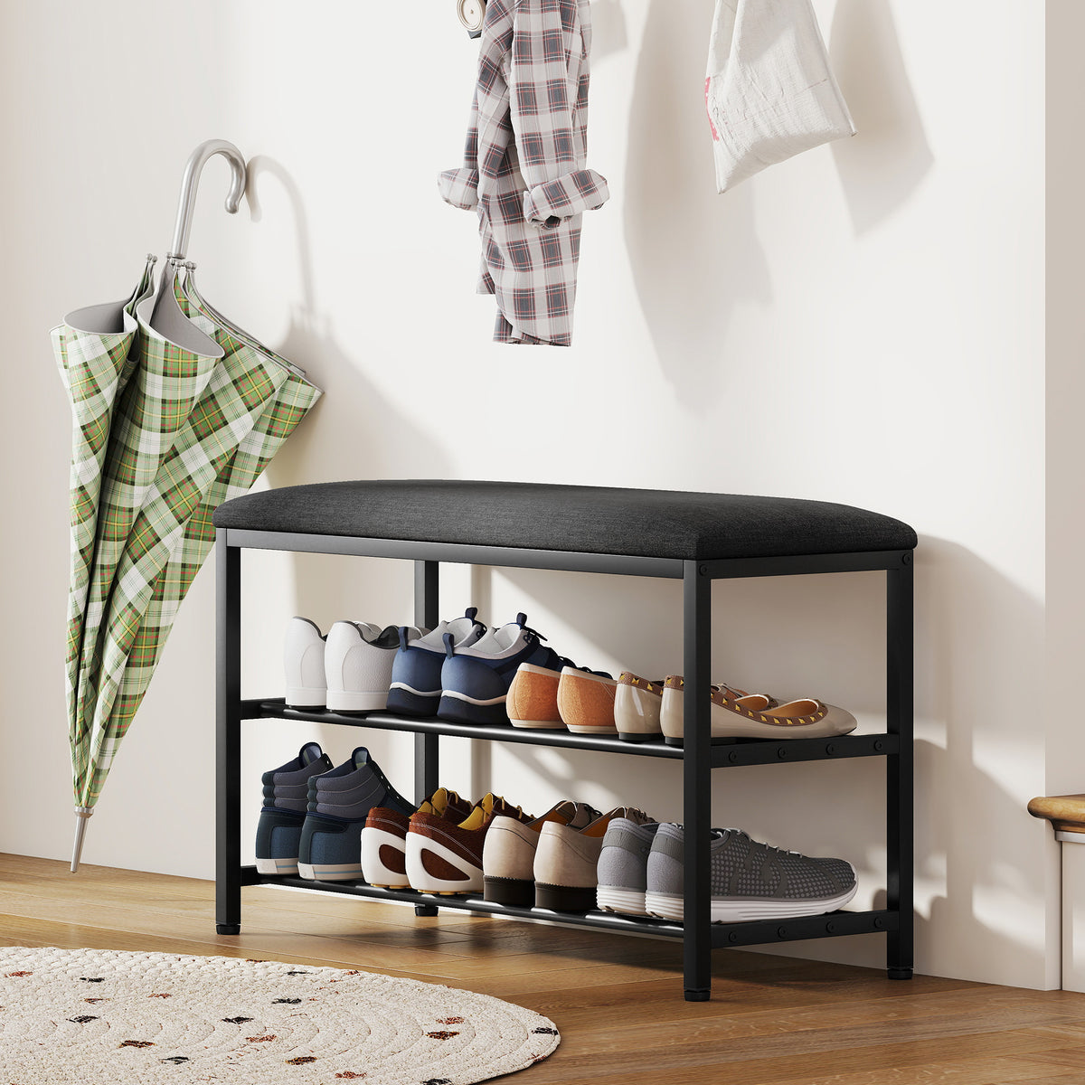 Schuhbank mit Sitzpolster und zwei Schuhablagen
