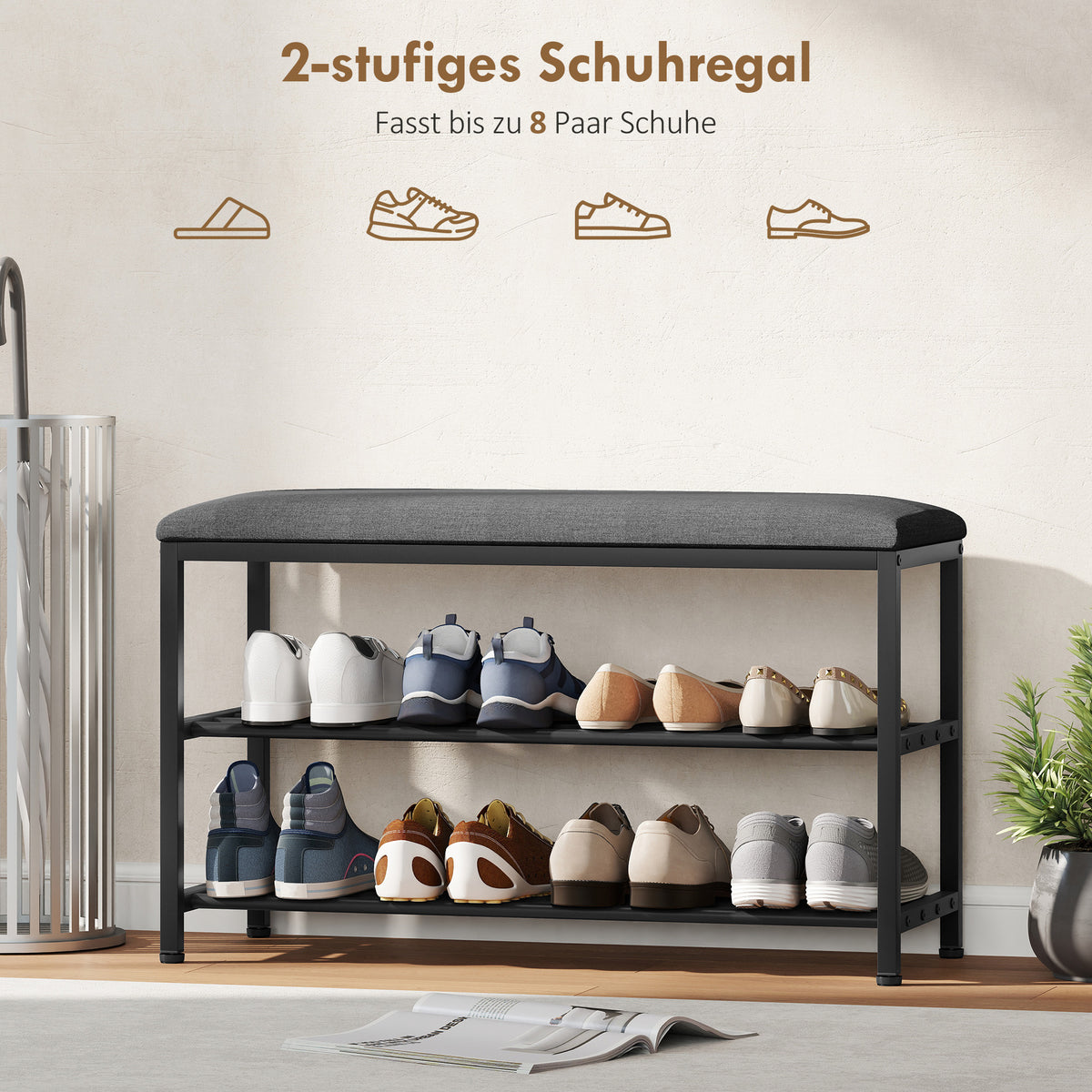 Schuhbank mit Sitzpolster und zwei Schuhablagen