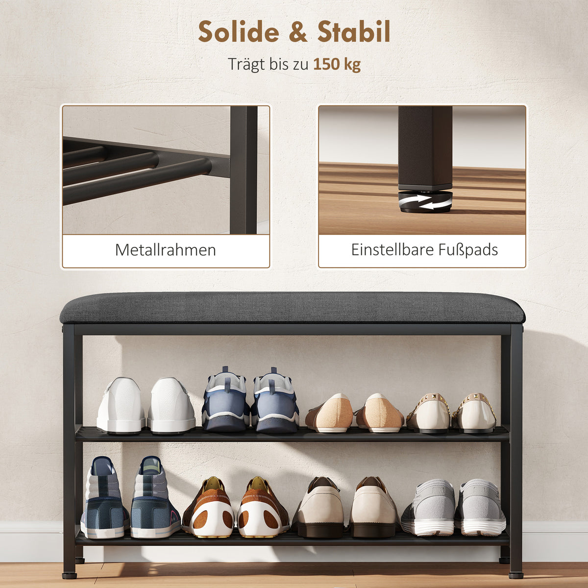 Schuhbank mit Sitzpolster und zwei Schuhablagen