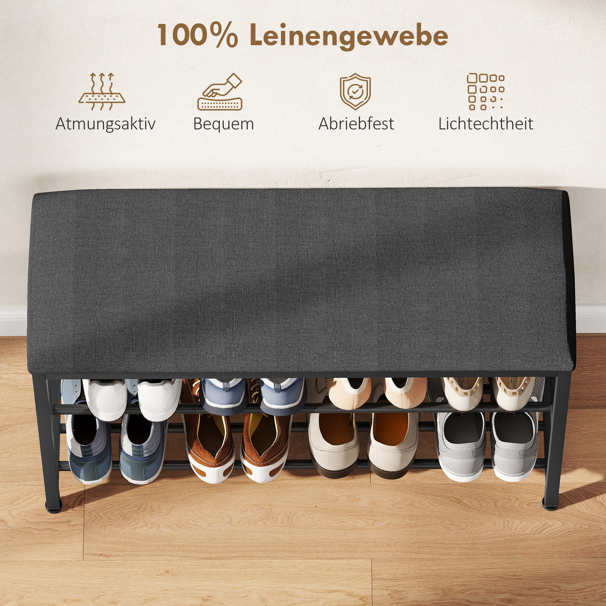 Schuhbank mit Sitzpolster und zwei Schuhablagen