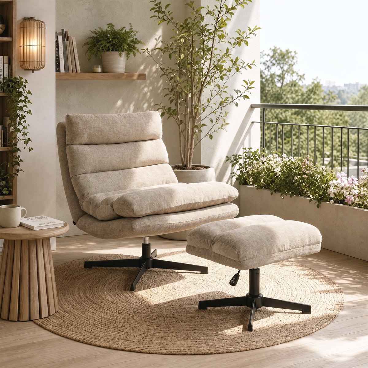 Drehbarer Chenille-Loungesessel mit Fußhocker