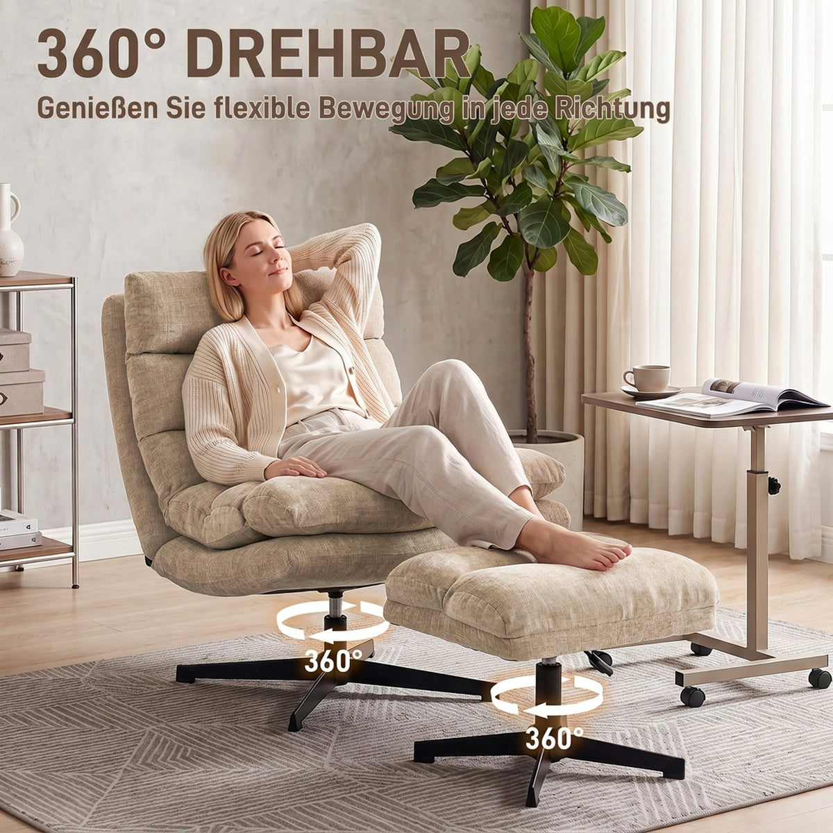 Drehbarer Chenille-Loungesessel mit Fußhocker