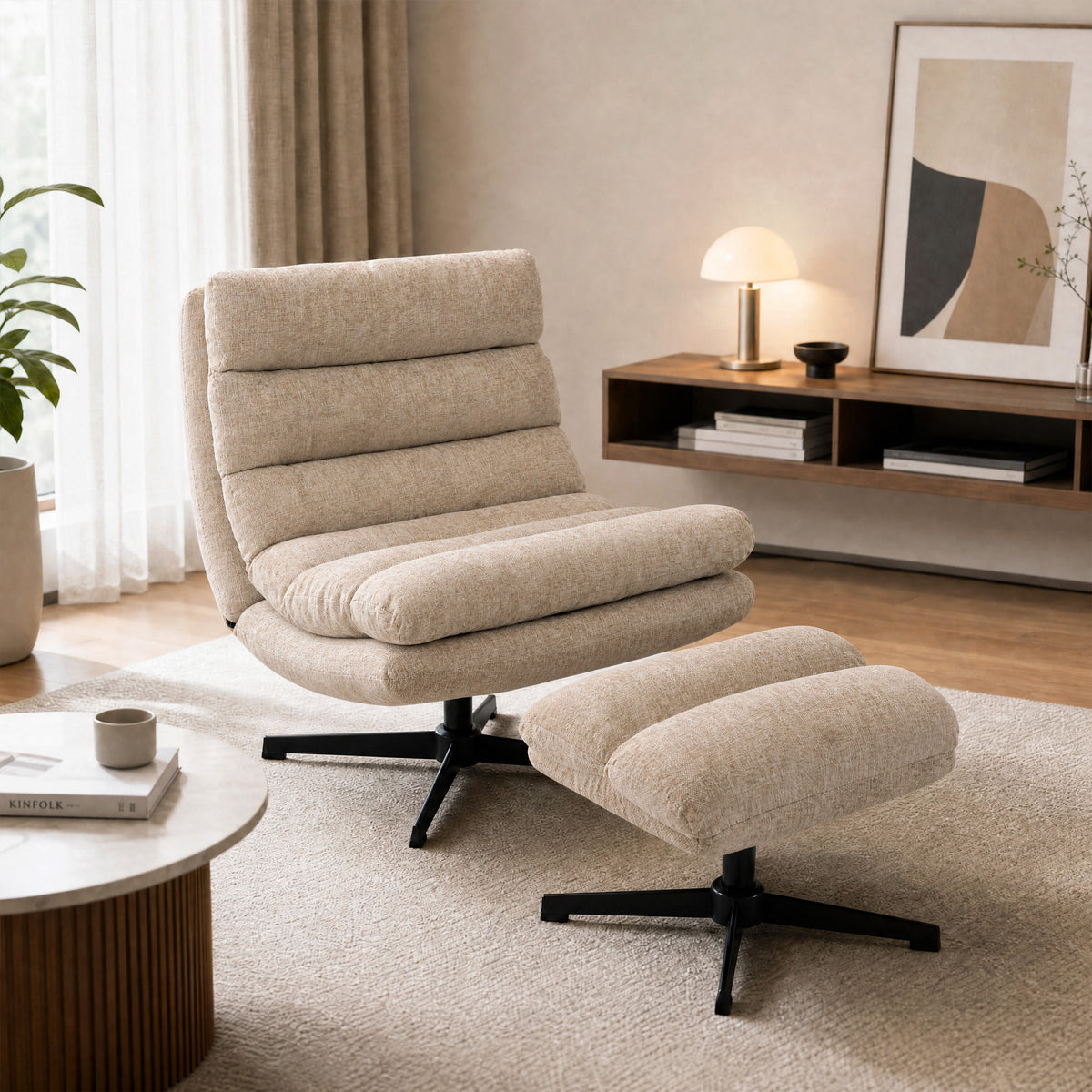 Drehbarer Chenille-Loungesessel mit Fußhocker