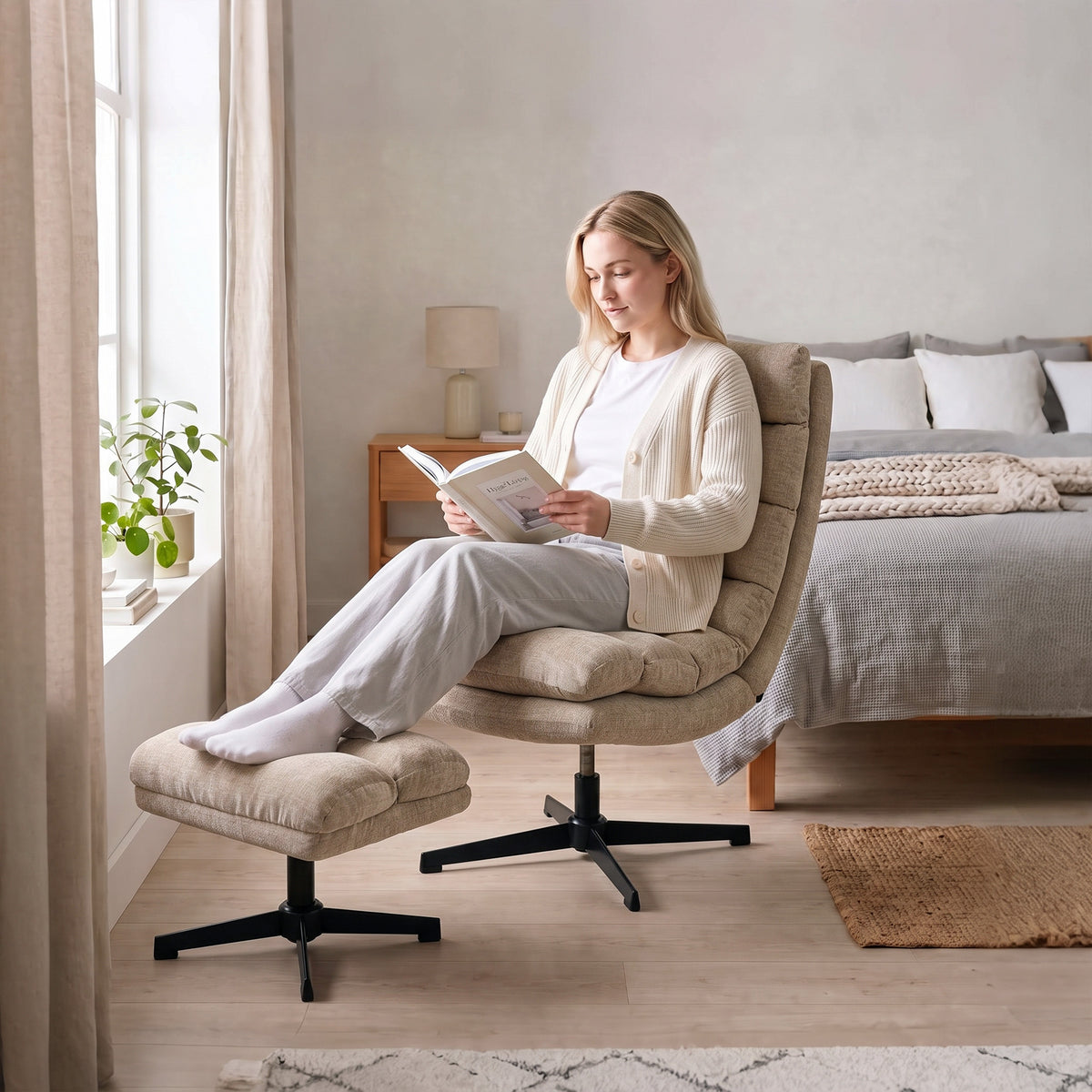 Drehbarer Chenille-Loungesessel mit Fußhocker