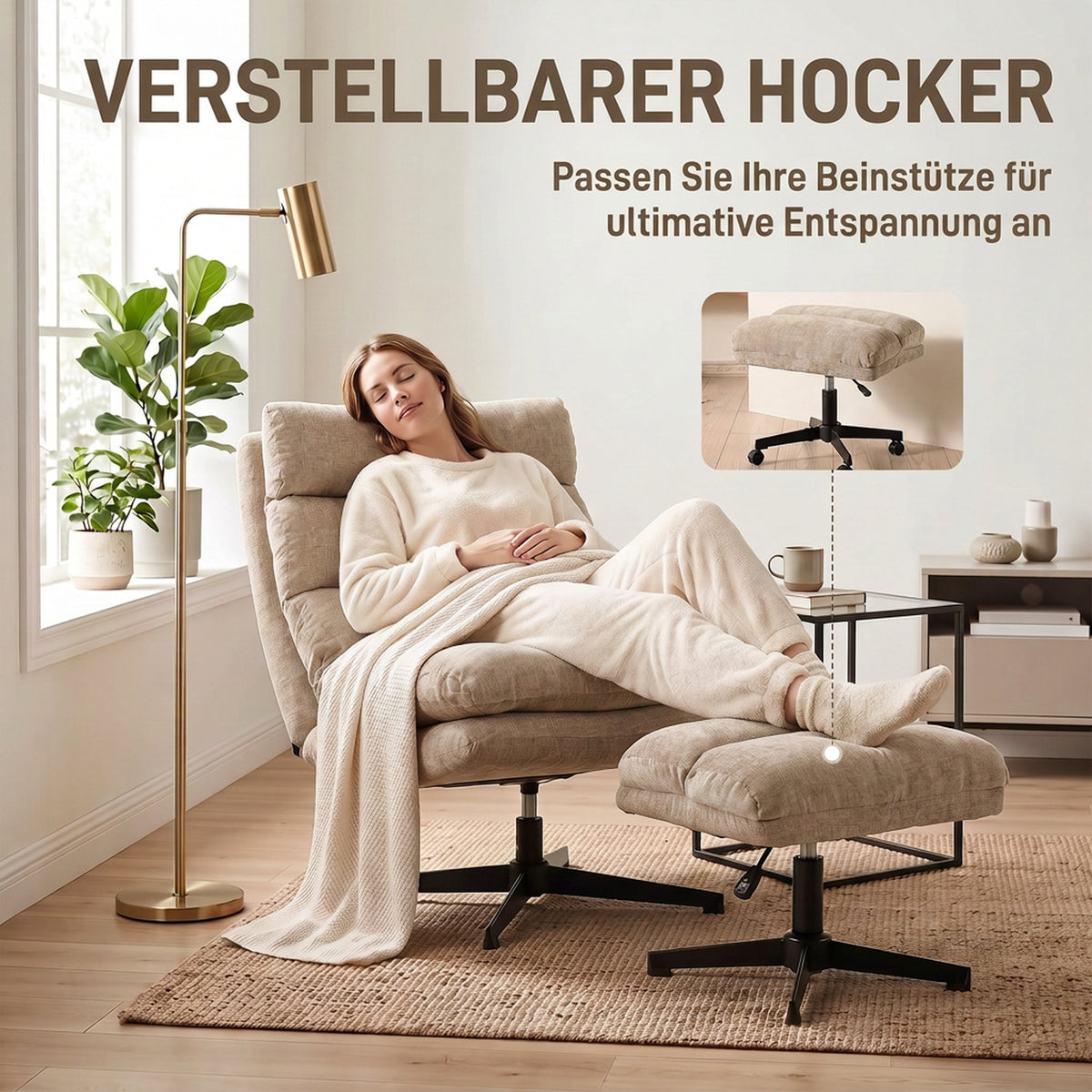 Drehbarer Chenille-Loungesessel mit Fußhocker