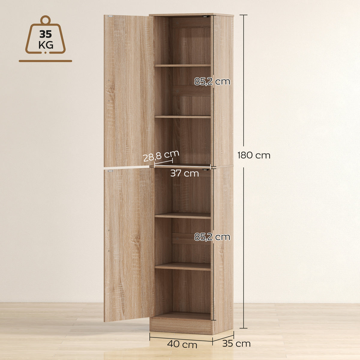 Schmaler Badezimmerschrank mit 2 Türen und 4 verstellbaren Böden