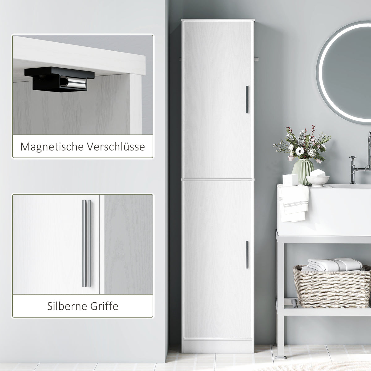 Schmaler Badezimmerschrank mit 2 Türen und 4 verstellbaren Böden