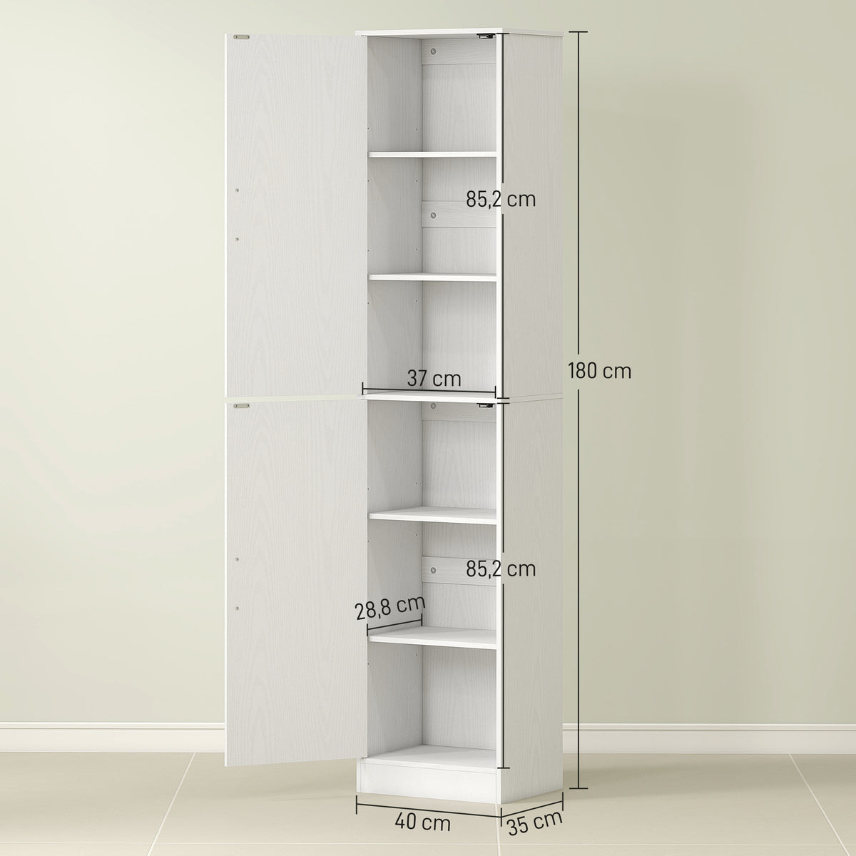 Schmaler Badezimmerschrank mit 2 Türen und 4 verstellbaren Böden