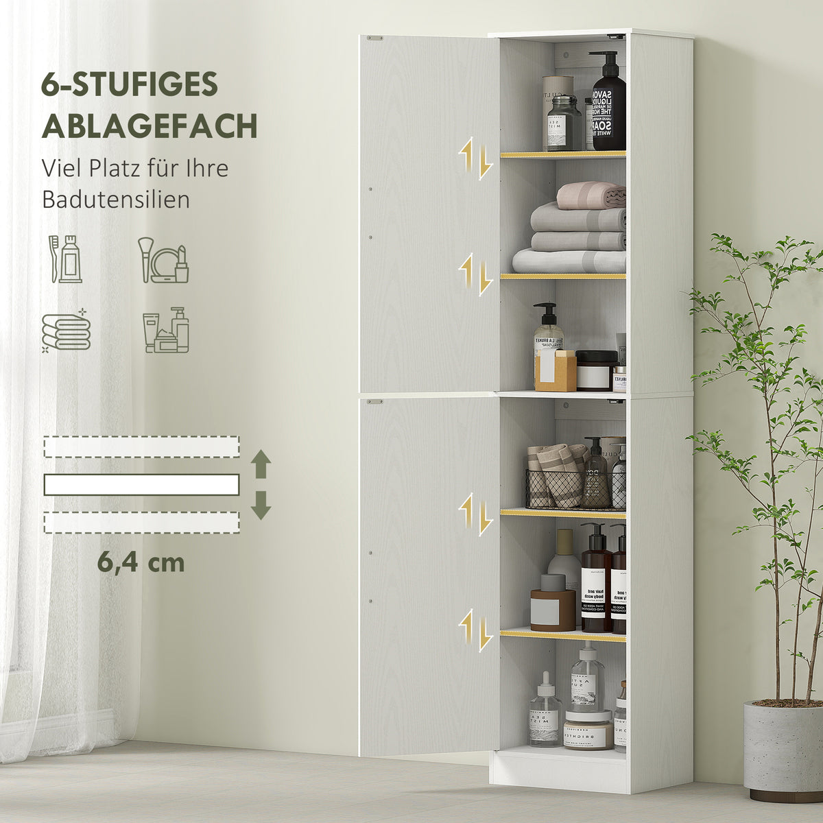 Schmaler Badezimmerschrank mit 2 Türen und 4 verstellbaren Böden