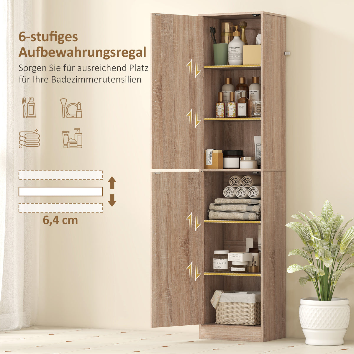 Schmaler Badezimmerschrank mit 2 Türen und 4 verstellbaren Böden