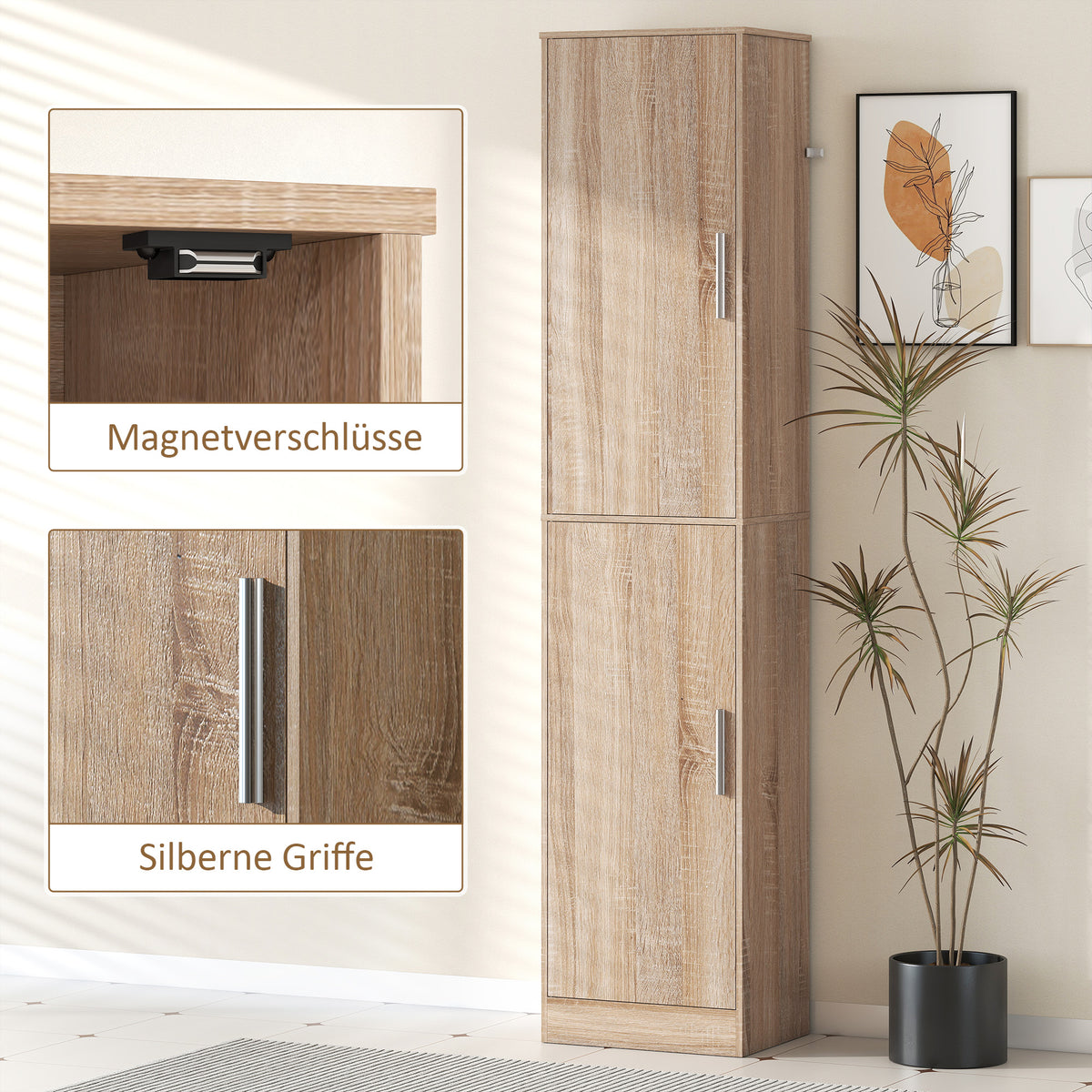 Schmaler Badezimmerschrank mit 2 Türen und 4 verstellbaren Böden