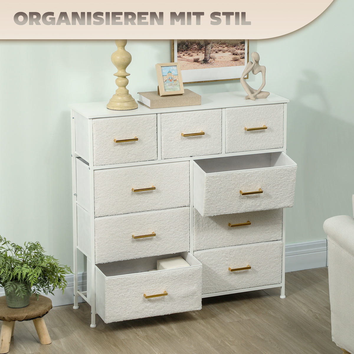 Stoffkommode mit 9 Schubladen und Stahlrahmen