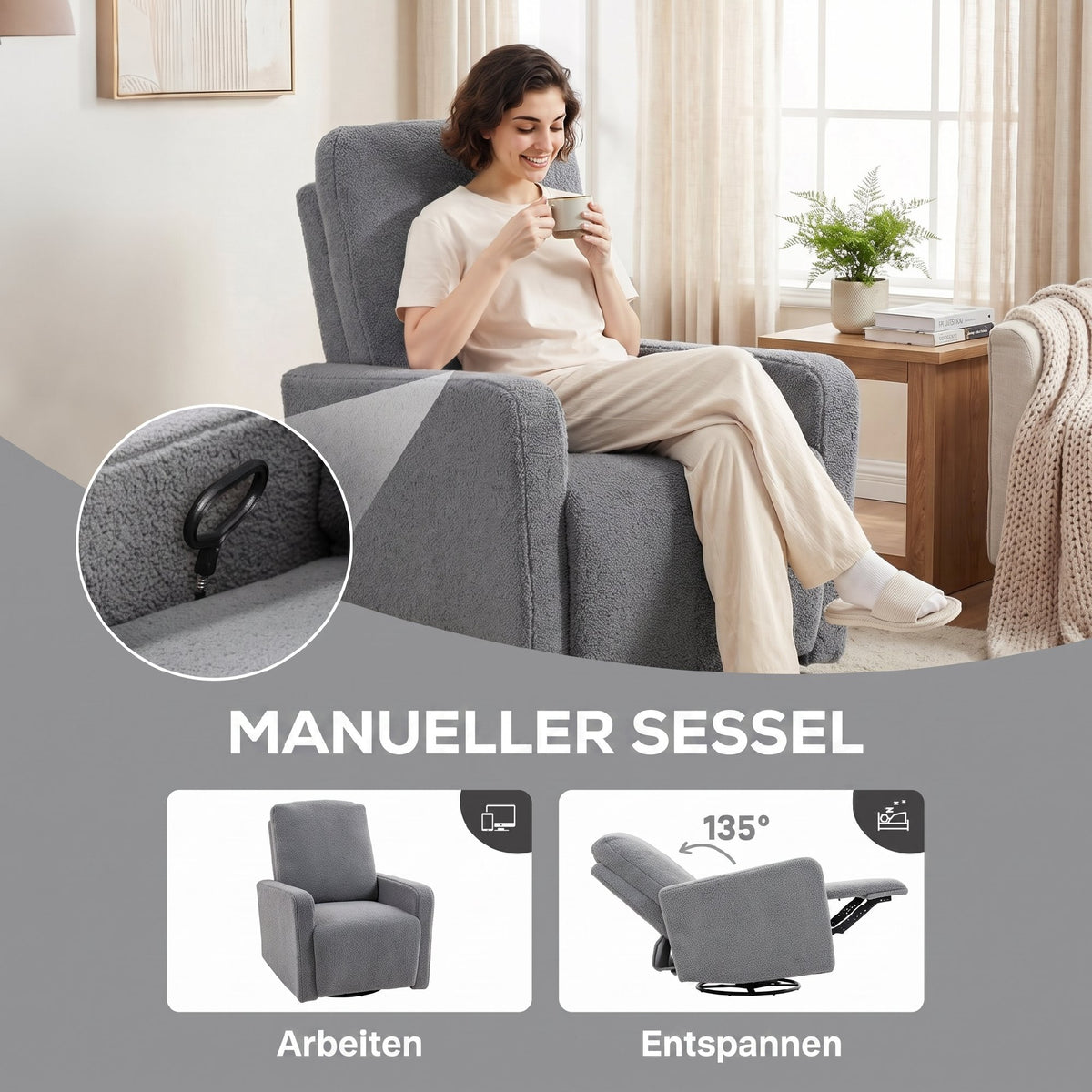 Relaxsessel mit Fleece-Bezug, 360° drehbar und verstellbar