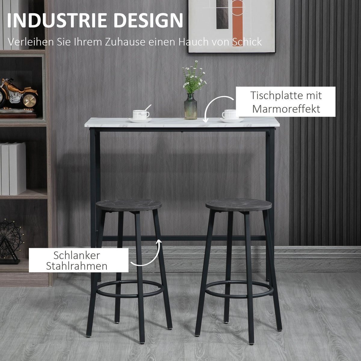 Bartisch-Set mit zwei Barhockern und Fußstützen
