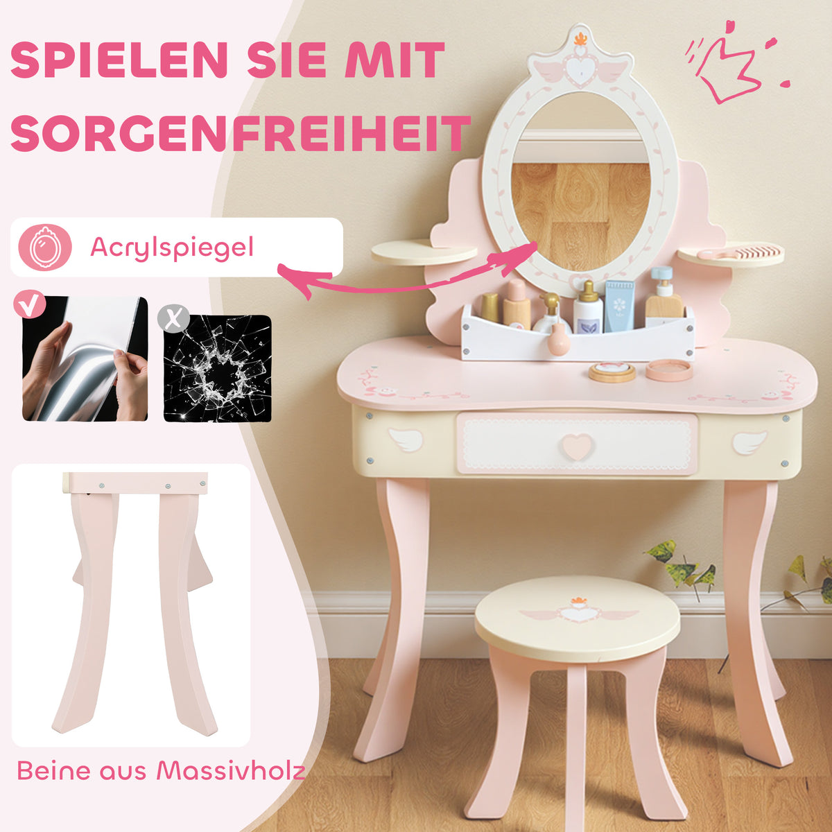 2-in-1 Kinderschminktisch mit abnehmbarem Spiegel