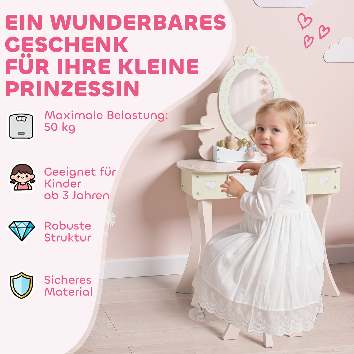 2-in-1 Kinderschminktisch mit abnehmbarem Spiegel