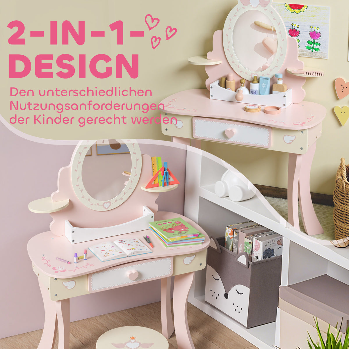 2-in-1 Kinderschminktisch mit abnehmbarem Spiegel