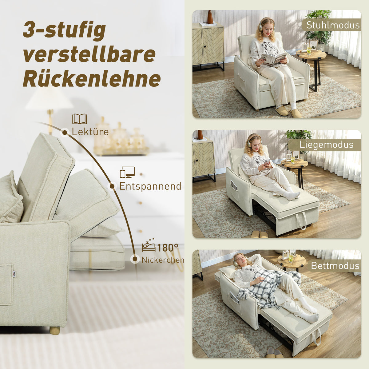 3-in-1-Schlafsessel mit verstellbarer Rückenlehne