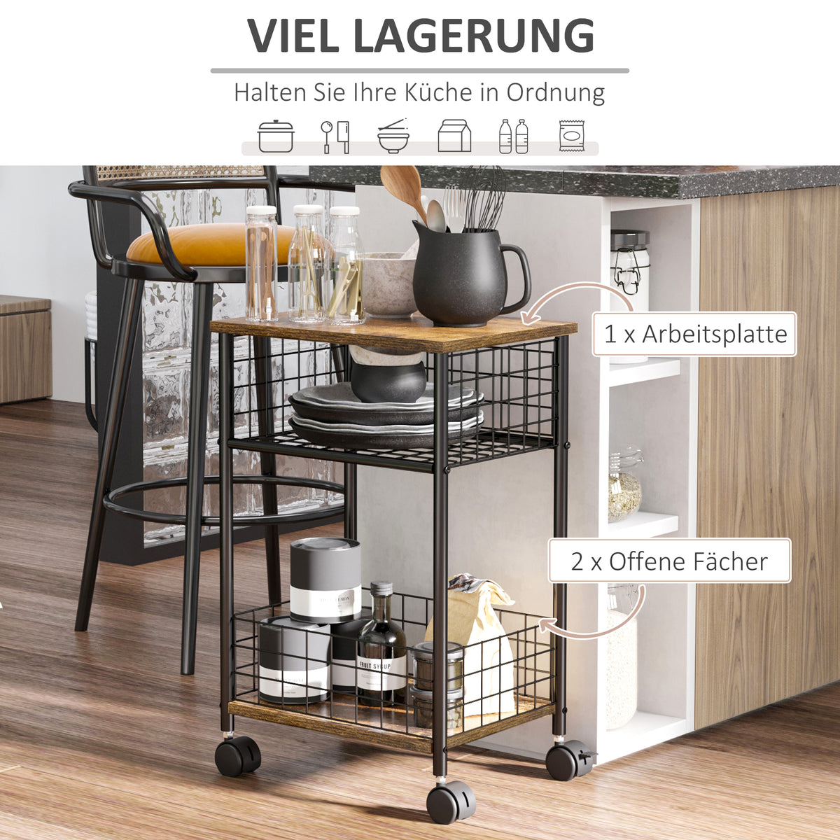 Küchenwagen mit Stauraum und vier Rollen