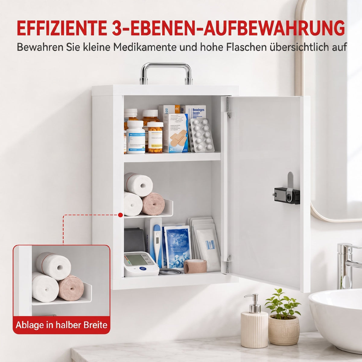 Medizinschrank mit Zahlenschloss und drei Ebenen
