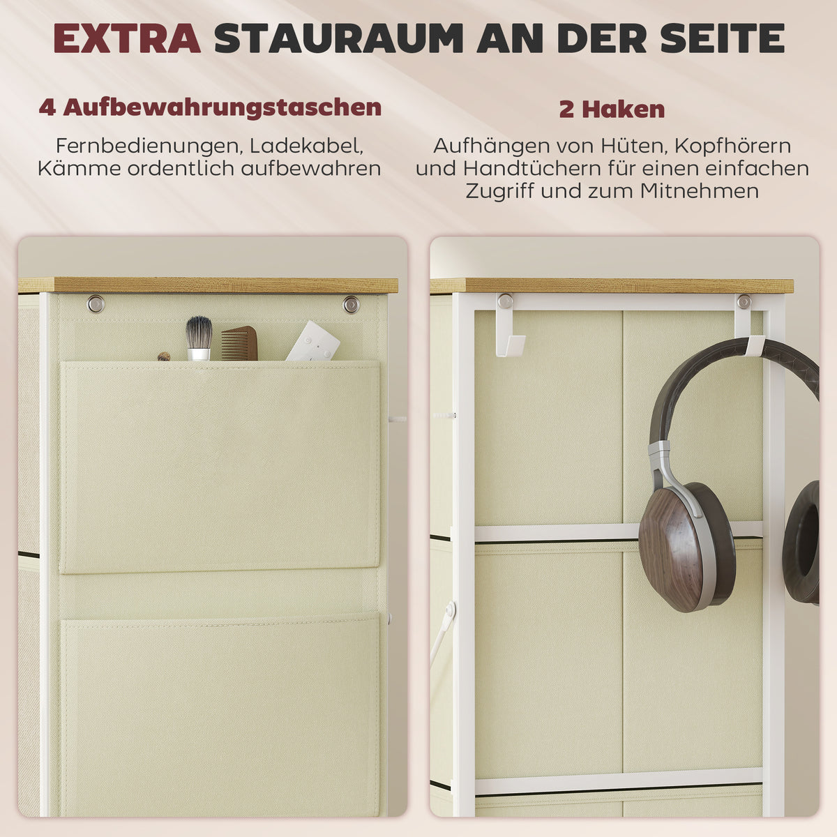 Kommode mit 8 Stoffschubladen und Seitentaschen